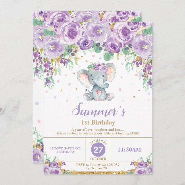 Invitation Ă?re fille d'anniversaire d'éléphant floral (Devant / Derrière)