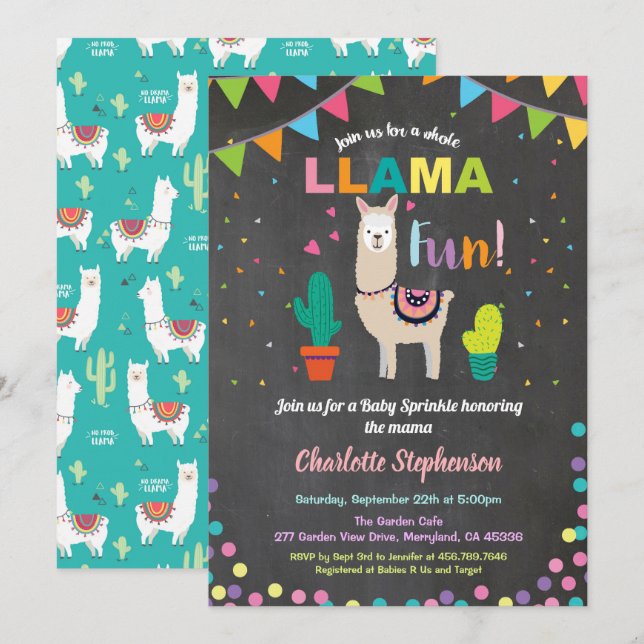 Invitation à saupoudrer bébé Alpaca. Baby shower f (Devant / Derrière)