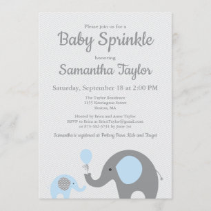 Invitation à saupoudrer bébé éléphant en bleu et g