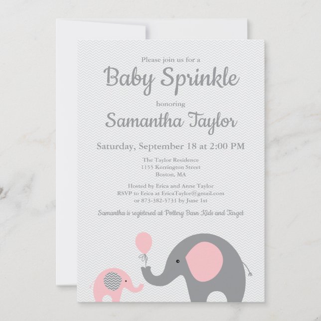 Invitation à saupoudrer bébé éléphant en rose et g (Devant)