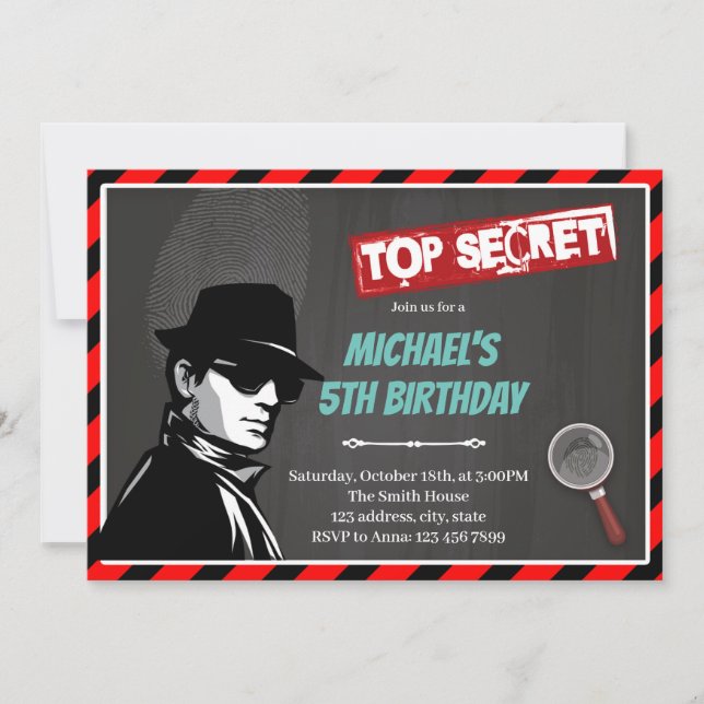 Invitation à thème d'anniversaire de l'agent secre (Devant)