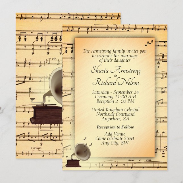 Invitation à thème de musique Mariage antique (Devant / Derrière)