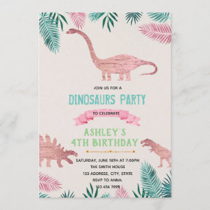 Invitation à thème Dinosaure à feuilles roses