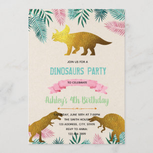 Invitation à thème dinosaure de feuille d'or