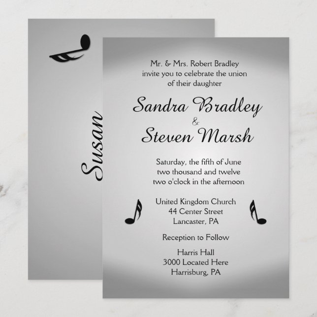 Invitation à thème du Mariage de musique argent (Devant / Derrière)
