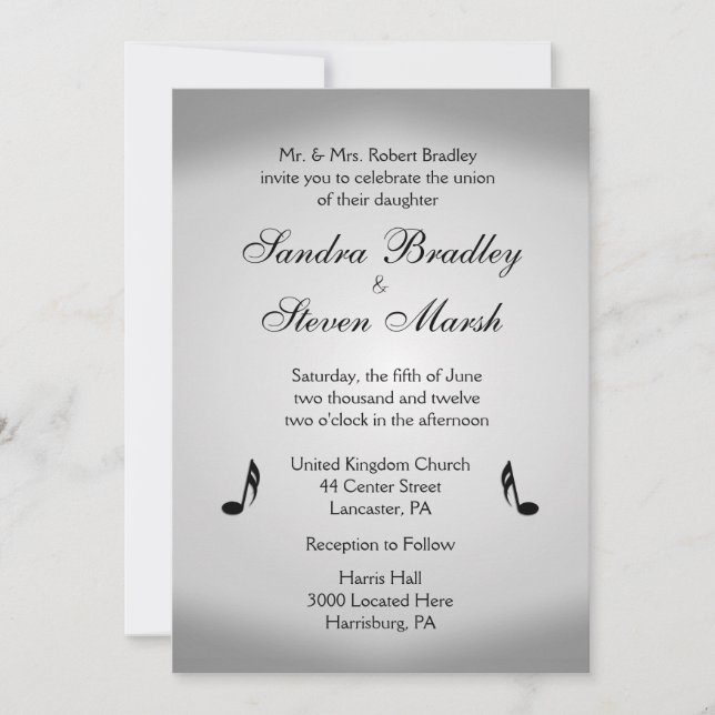 Invitation à thème du Mariage de musique argent (Devant)