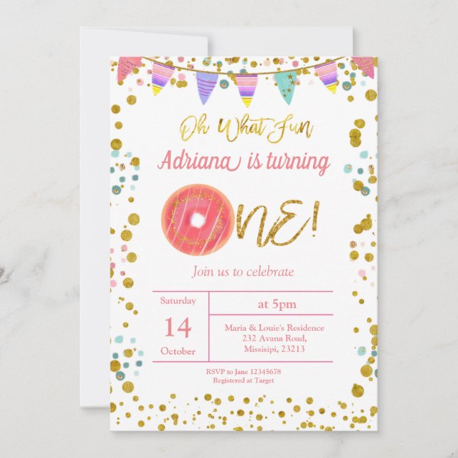 Invitation à thème Gold First Birthday Party Donut (Devant)
