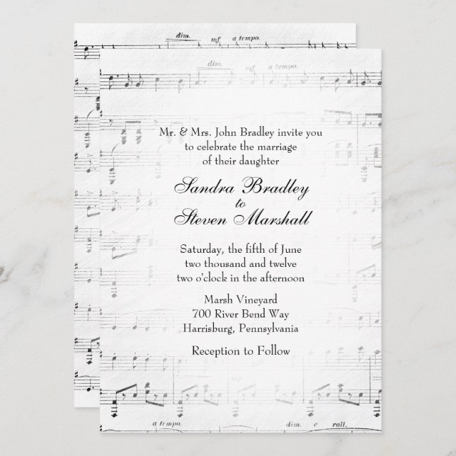 Invitation à thème Mariage de la musique de feuill (Devant / Derrière)