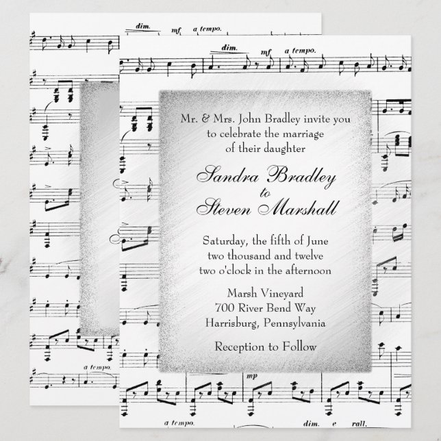 Invitation à thème Mariage de la musique en feuill (Devant / Derrière)