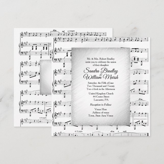 Invitation à thème Mariage de la musique en feuill (Devant / Derrière)