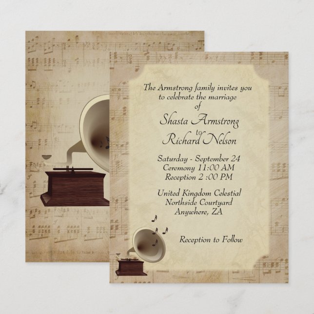 Invitation à thème Mariage de musique antique (Devant / Derrière)