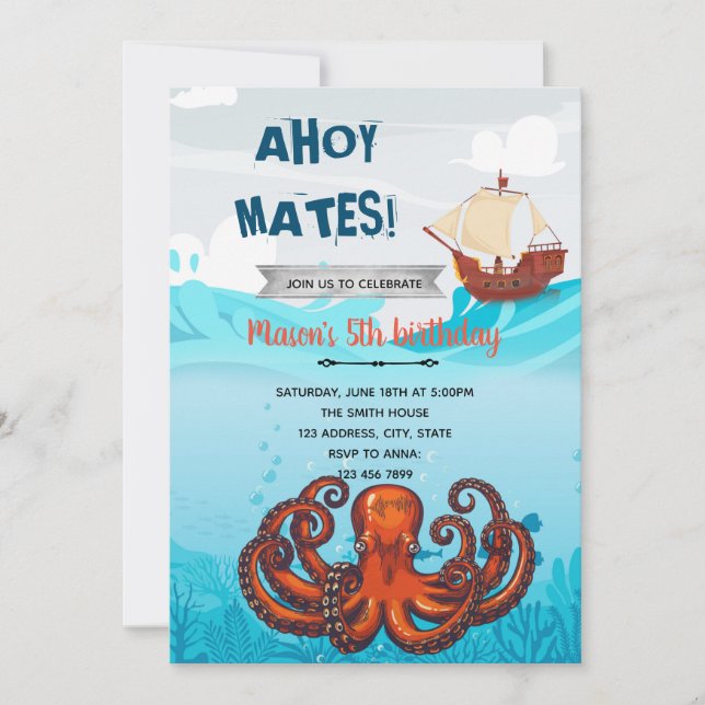 Invitation à thème nautique de pirate Kraken (Devant)