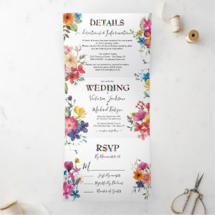 Invitation à trois volets Mariage à fleurs pressée