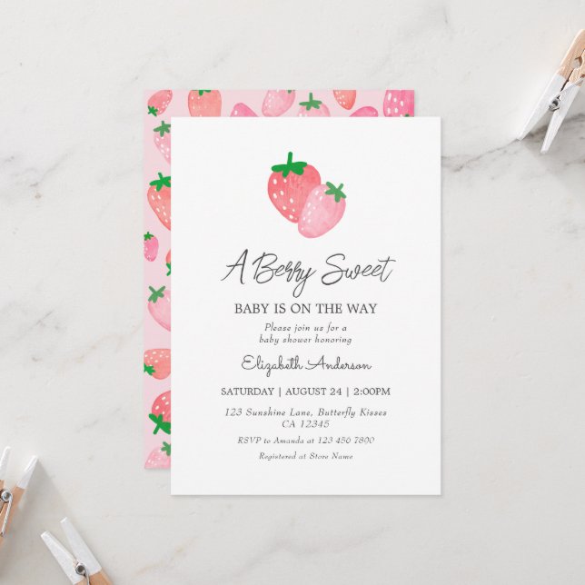 Invitation à un Baby shower de fraise sucrée Berry (Devant/Arrière en situation)