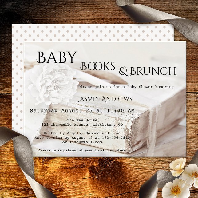Invitation à un Baby shower de livre (Romantic book theme baby shower invitation in warm off-white colors with a book and peony flower)