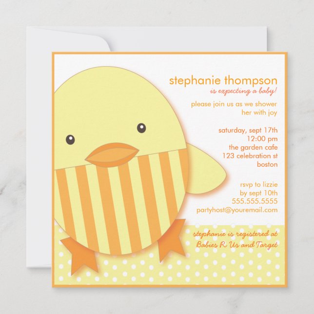Invitation à un Baby shower neutre à canard jaune (Devant)