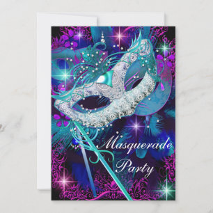 Invitation à un bal masqué sarcelle et violet