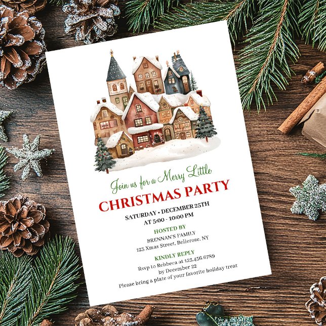 Invitation à un dîner de fête de Noël, scène hiver (Playful winter scene Christmas party dinner invitation)