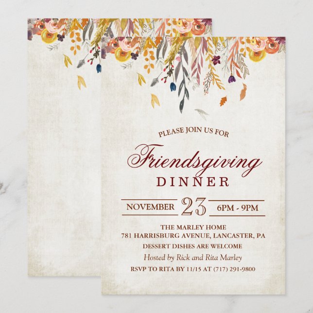 Invitation à un dîner de Friendsgiving aux feuille (Devant / Derrière)