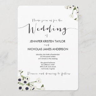 Invitation à un mariage à la mode à l'anémone blan