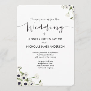 Invitation à un mariage à la mode à l'anémone blan