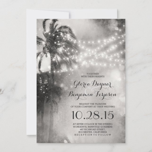 Invitation à un mariage de plage noire et blanche (Devant)