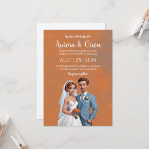 invitation à un mariage en terre cuite et bleu pou