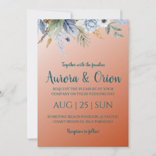 invitation à un mariage en terre cuite et bleu pou