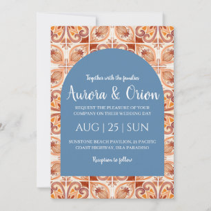 invitation à un mariage en terre cuite et bleu pou