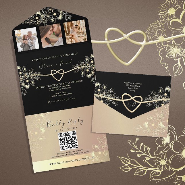 Invitation à un mariage photo en or noir chic (Créateur téléchargé)