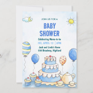 Invitation à une baby shower aquarelle bleue
