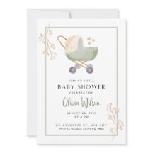 Invitation à une baby shower avec fleurs vertes et