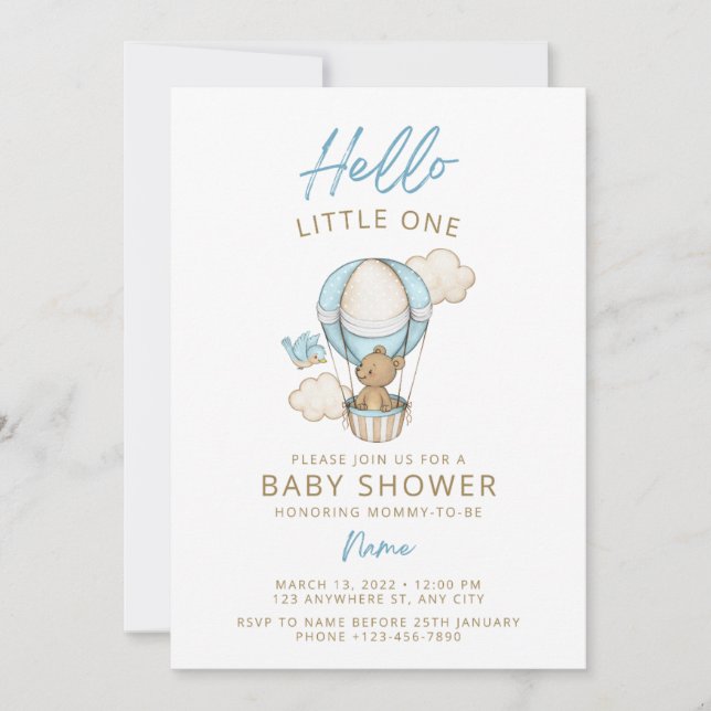 Invitation à une baby shower avec un ours en peluc (Devant)