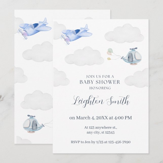 Invitation à une baby shower avion (Devant / Derrière)