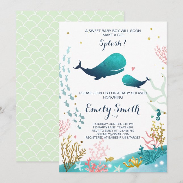 Invitation à une Baby Shower Baleine Thème Océaniq (Devant / Derrière)