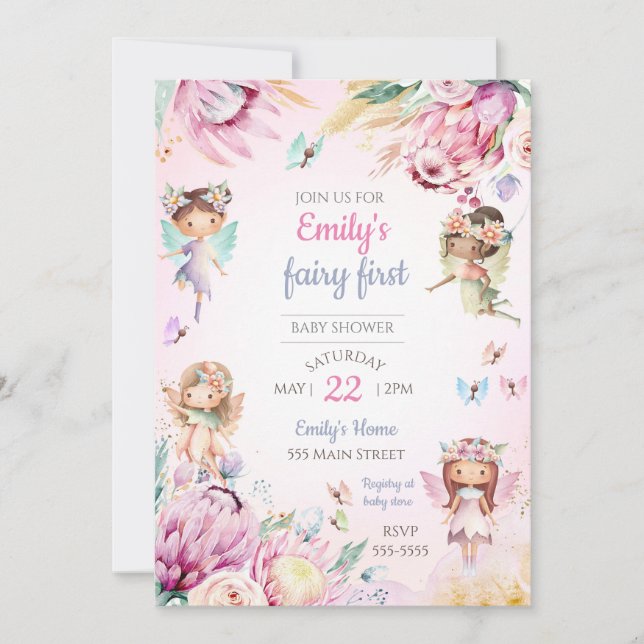 Invitation à une baby shower fée couleurs pastel (Devant)