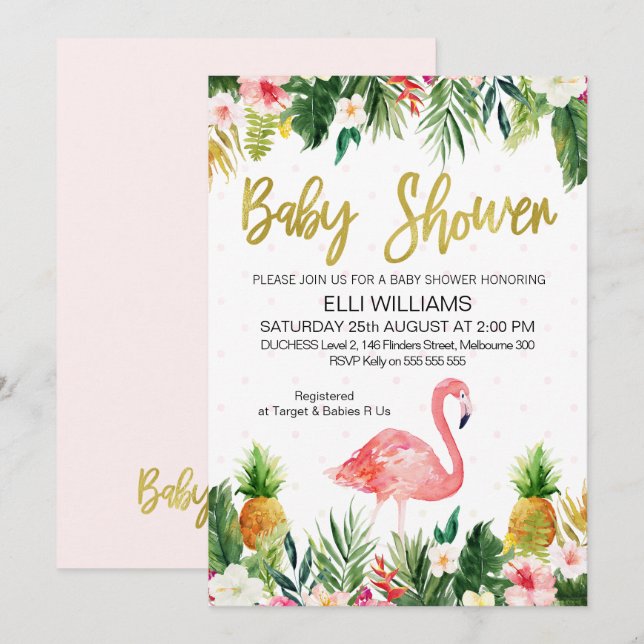 Invitation à une Baby Shower Flamingo Tropical (Devant / Derrière)
