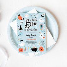 Invitation à une baby shower Halloween bleu et ora