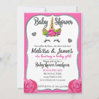 Invitation à une baby shower licorne florale rose