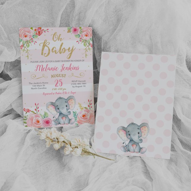 Invitation à une baby shower pour fille, Éléphant  (Créateur téléchargé)