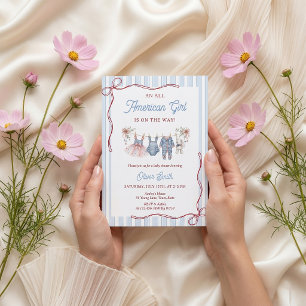Invitation à une baby shower rouge blanc bleu patr
