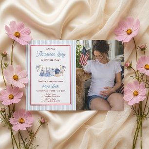 Invitation à une baby shower rouge blanc bleu patr