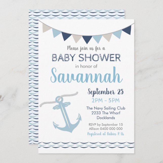 Invitation à une Baby Shower sur le thème Nautique (Devant / Derrière)