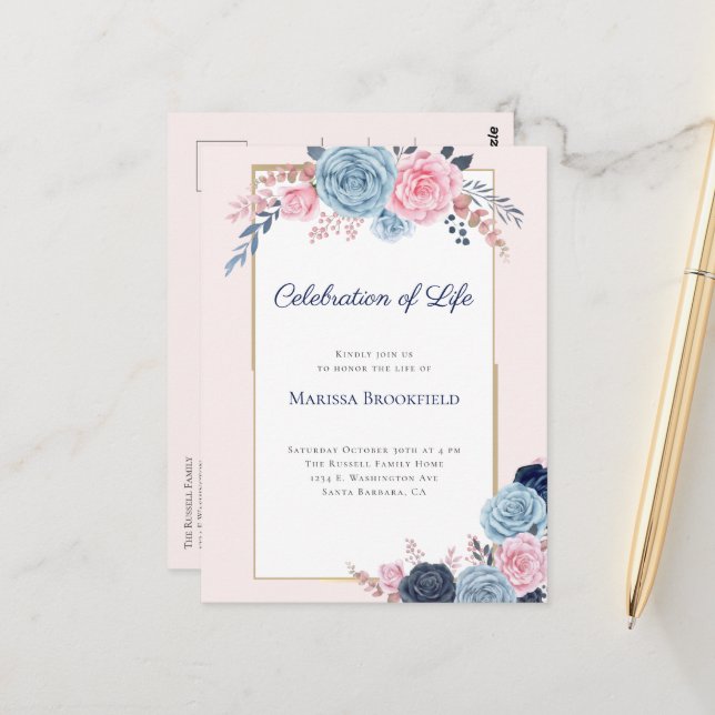 Invitation à une célébration de vie avec fleurs po (Devant/Arrière en situation)
