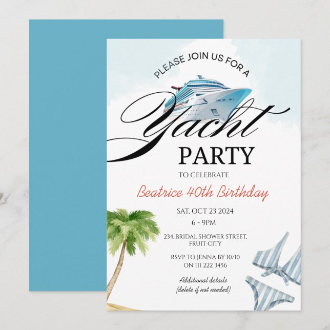 Invitation à une croisière sur un yacht de fête (Devant / Derrière)