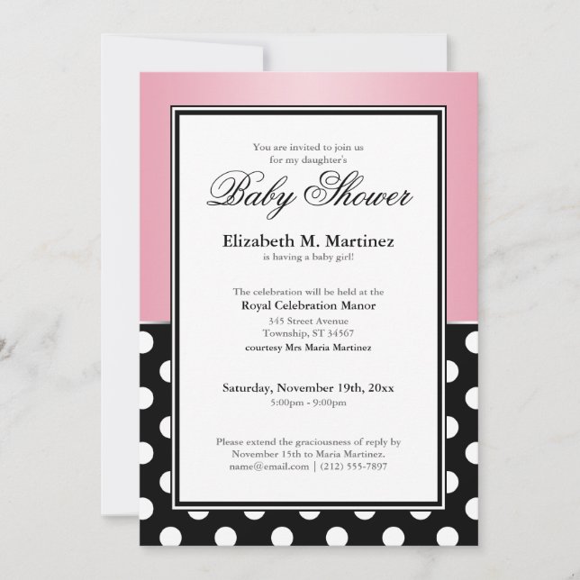 Invitation à une douche de bébé rose noire (Devant)