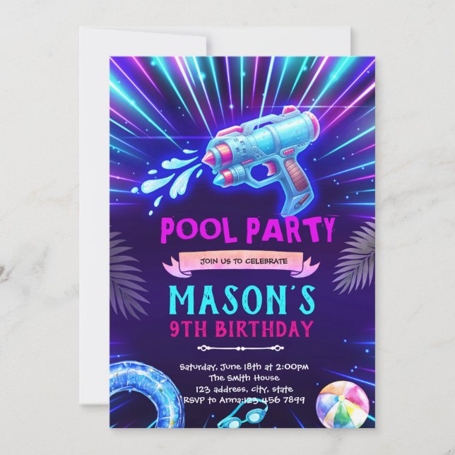 Invitation à une fête au pistolet à eau néon (Devant)