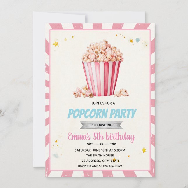 Invitation à une fête au popcorn rose (Devant)