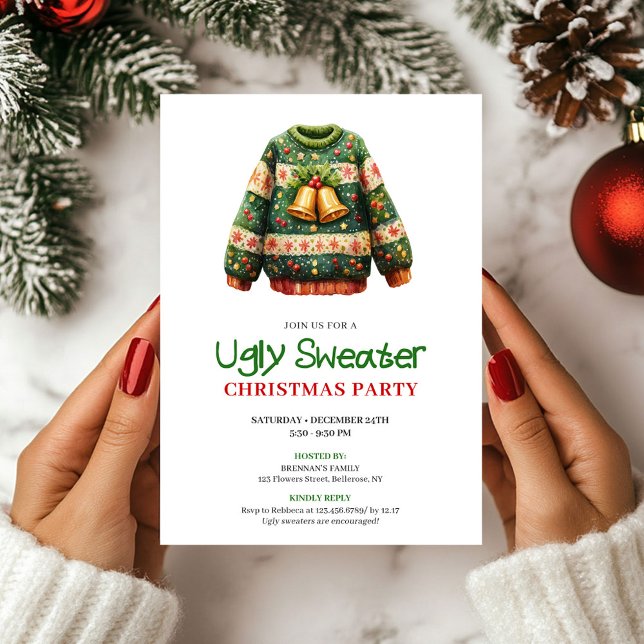 Invitation à une fête avec un pull moche drôle ten (Trendy funny ugly sweater party invitation

)