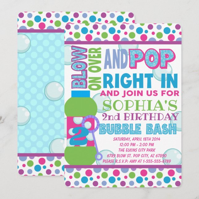 Invitation à une fête d'anniversaire à bulles - Fê (Devant / Derrière)